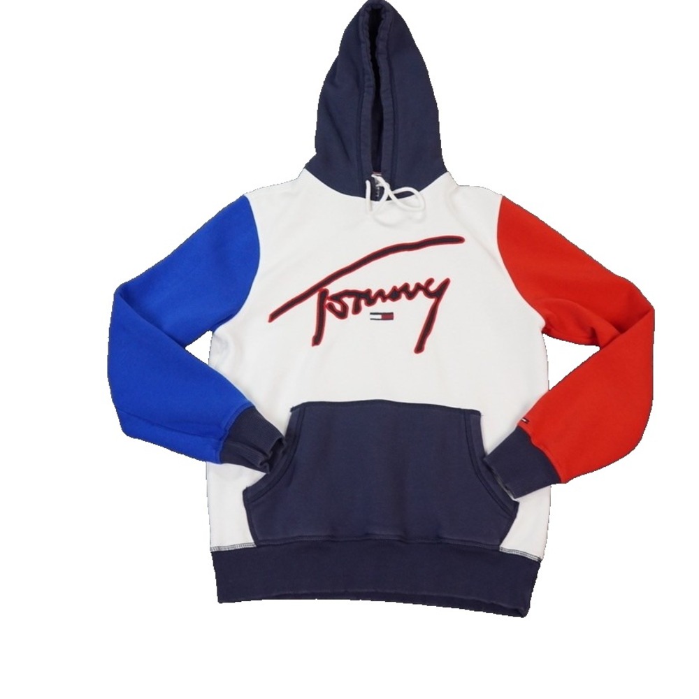 Tommy Hilfiger Denim Hoodie Mens Small Pullover Sweater Colorblock Y2K Script